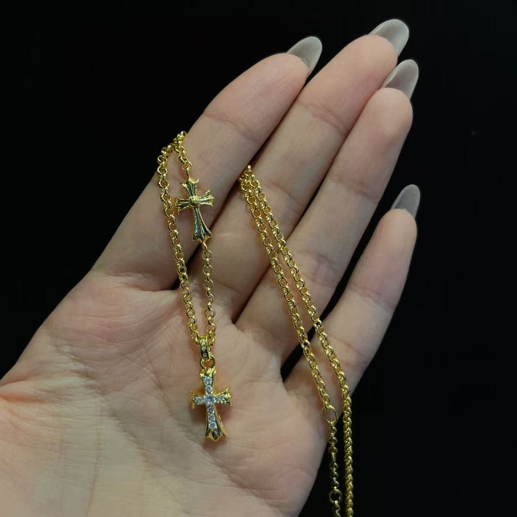 Golden Diamond Side Cross Necklace